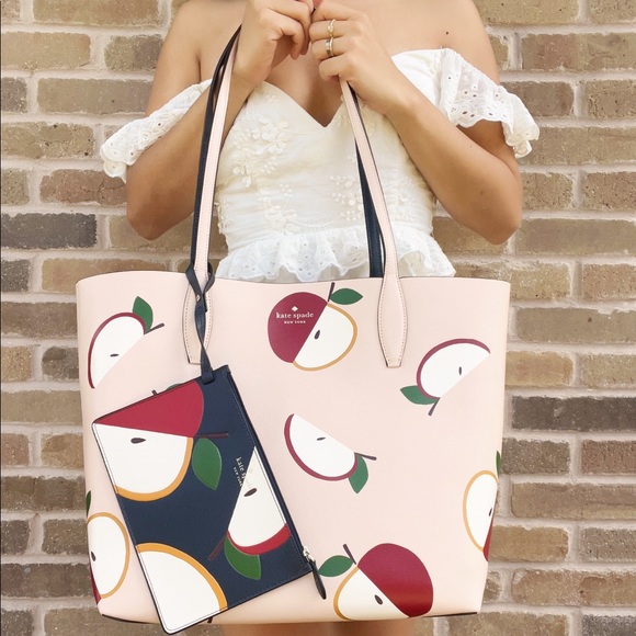 Kate Spade Honeycrisp Large Reversible Tote Pouch Pink Multi Apple - Picture 2 of 3